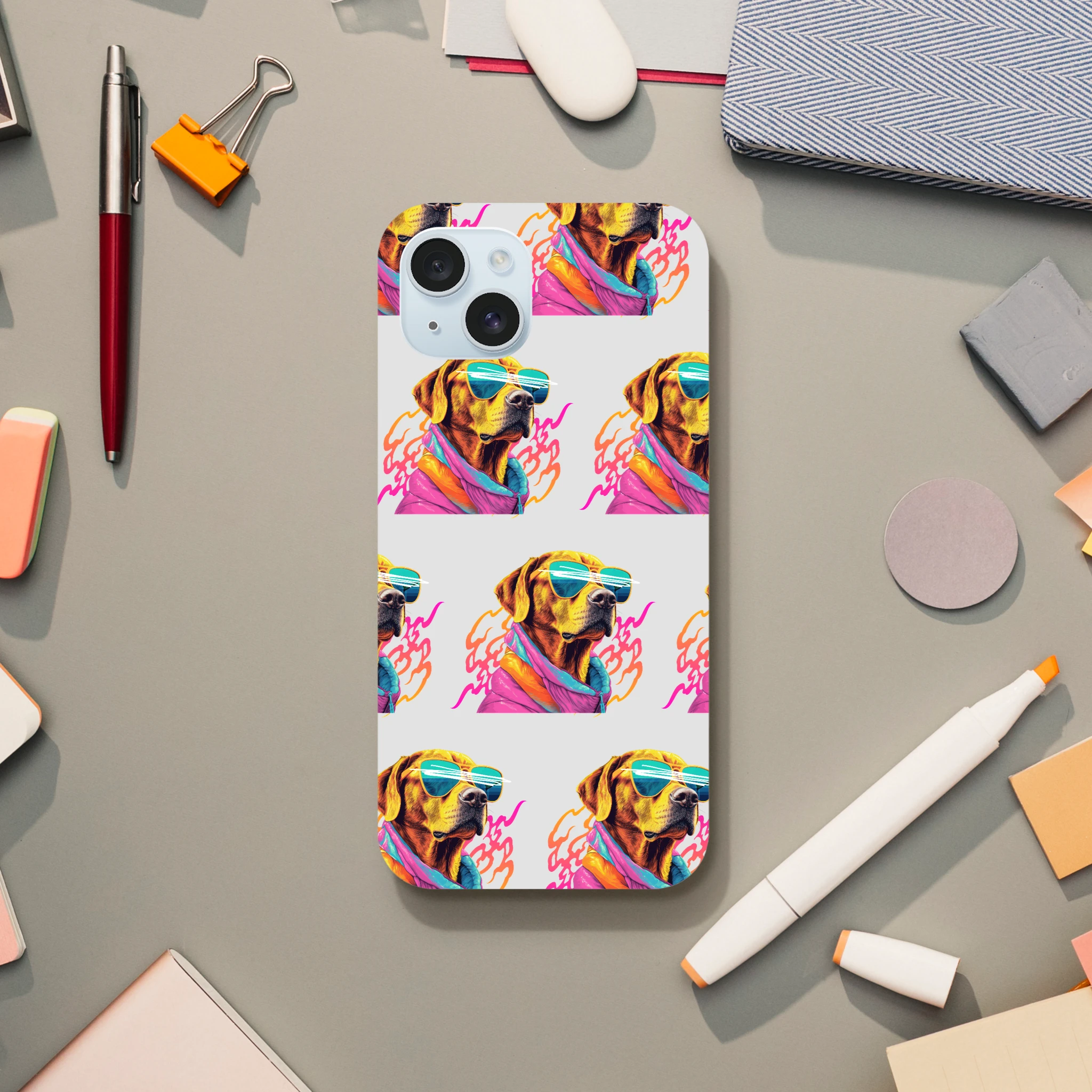 Colorful dog-print tough iPhone case with wraparound sunglasses art for iPhone 16, 15, 14, 13.