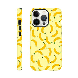 Yellow banana pattern tough iPhone case with playful fruit design and bold wraparound protection for daily carry.
