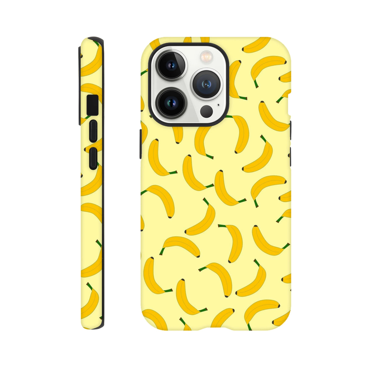 Yellow banana pattern tough iPhone case with playful fruit design and bold wraparound protection for daily carry.