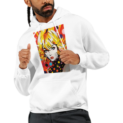 White pullover hoodie featuring a bold retro blonde pop art woman graphic with vibrant colors and polka dots.