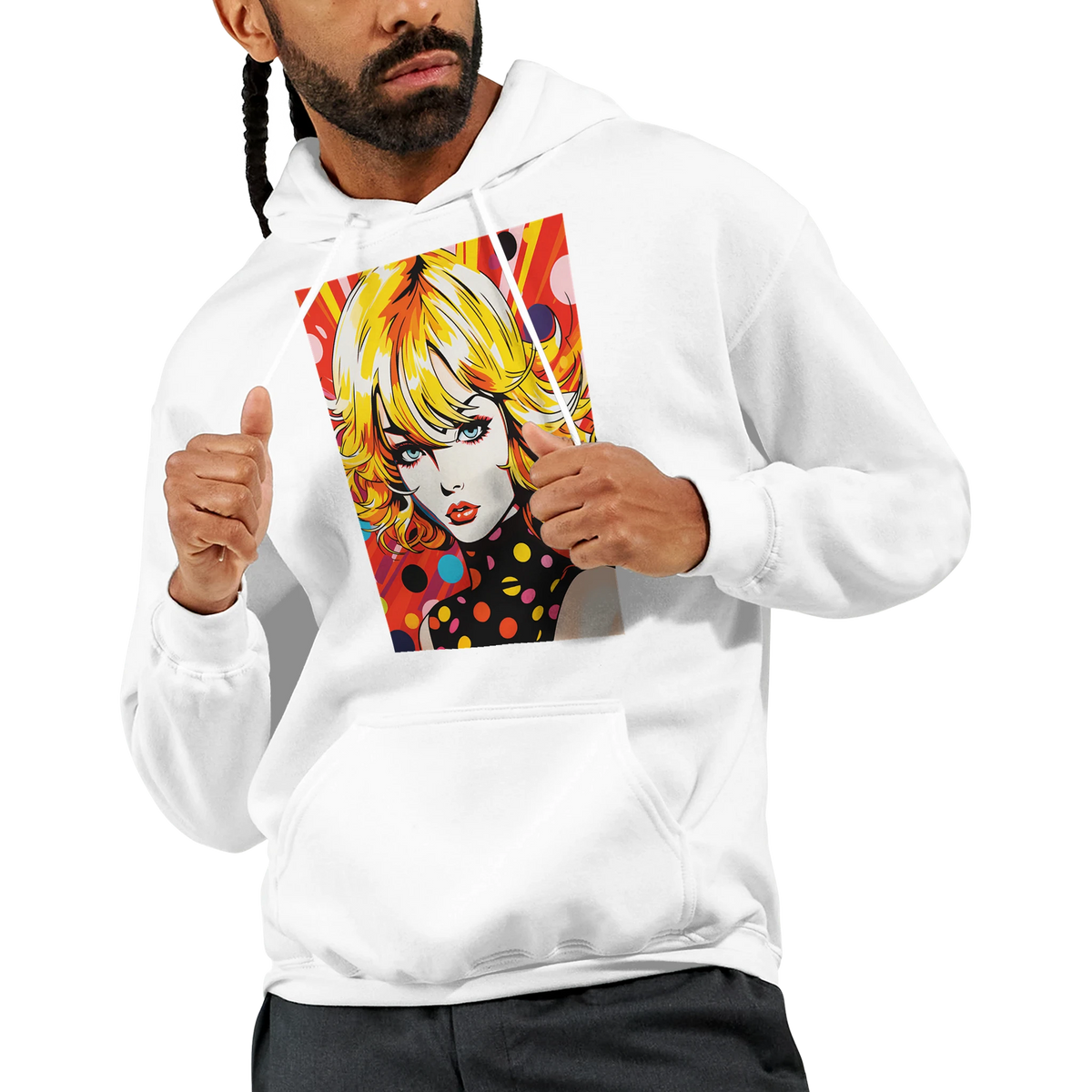 White pullover hoodie featuring a bold retro blonde pop art woman graphic with vibrant colors and polka dots.