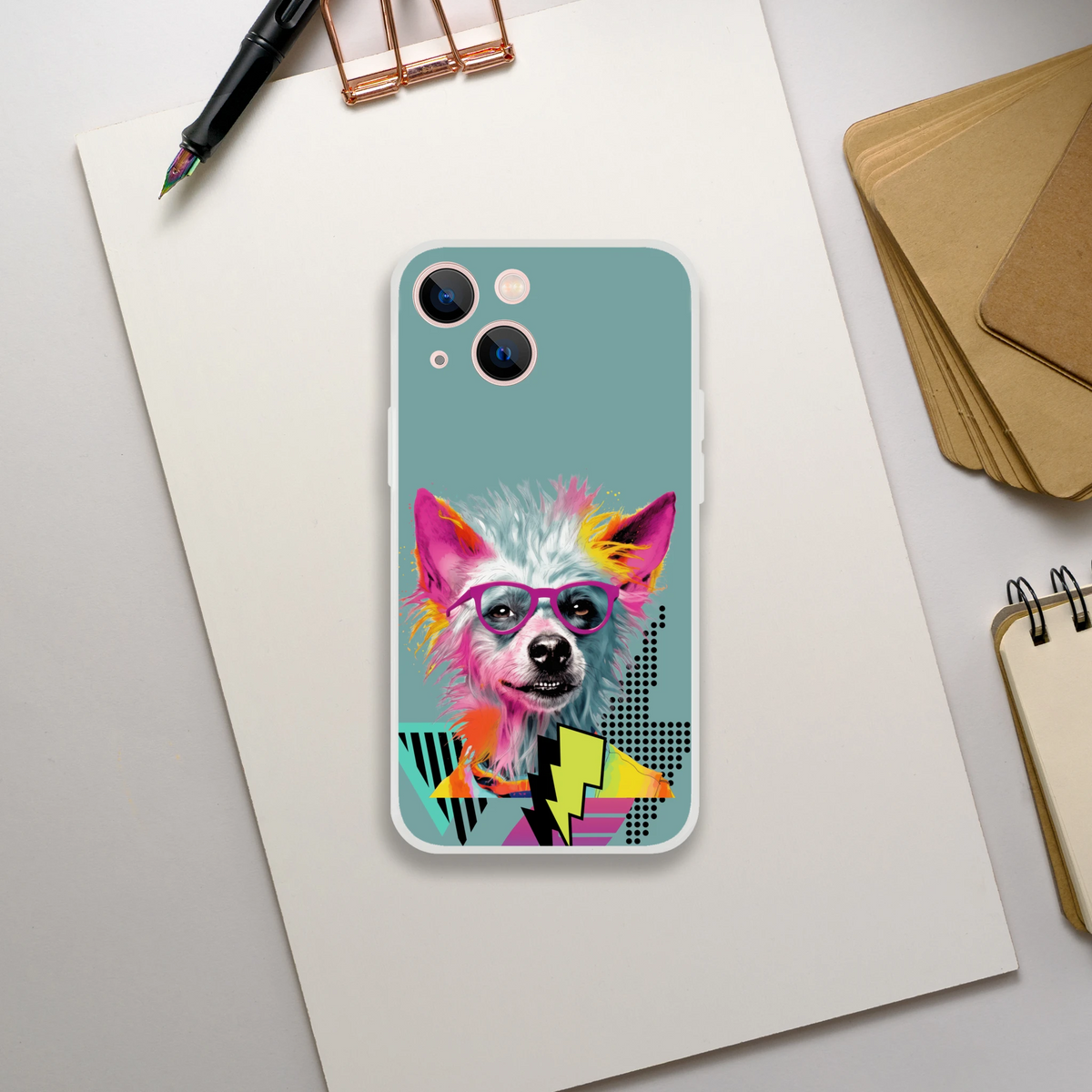 Funny dog aesthetic retro iPhone 13-16 case with colorful dog wearing pink sunglasses on teal background