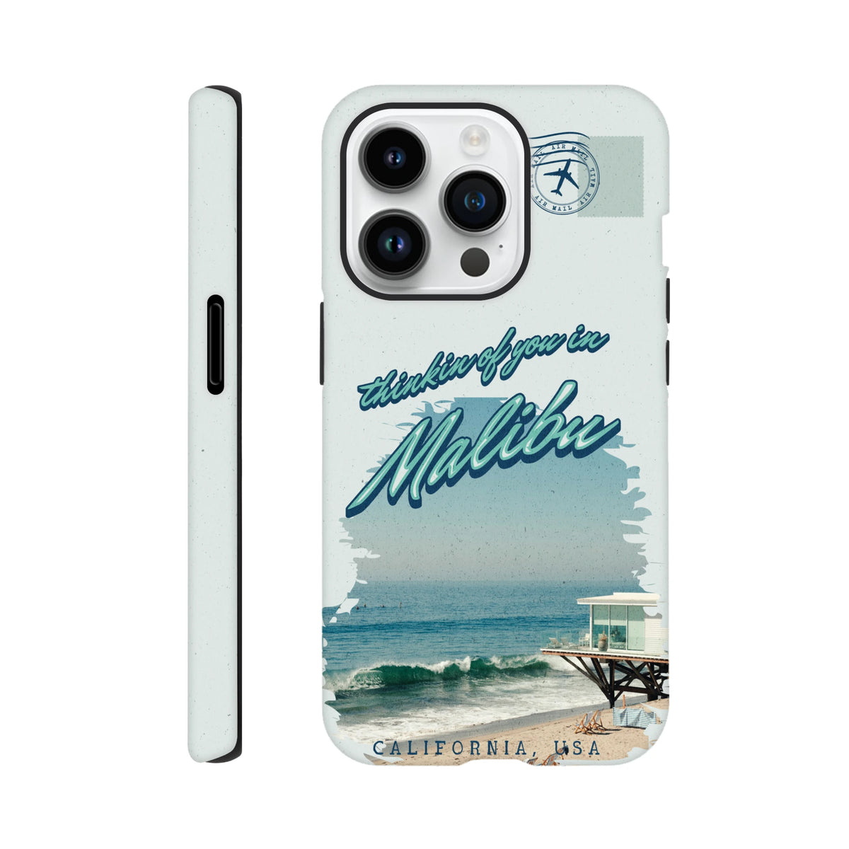 Vintage Malibu California Beach iPhone case with retro "thinkin of you" text, beach graphic, and Air Mail stamp design.