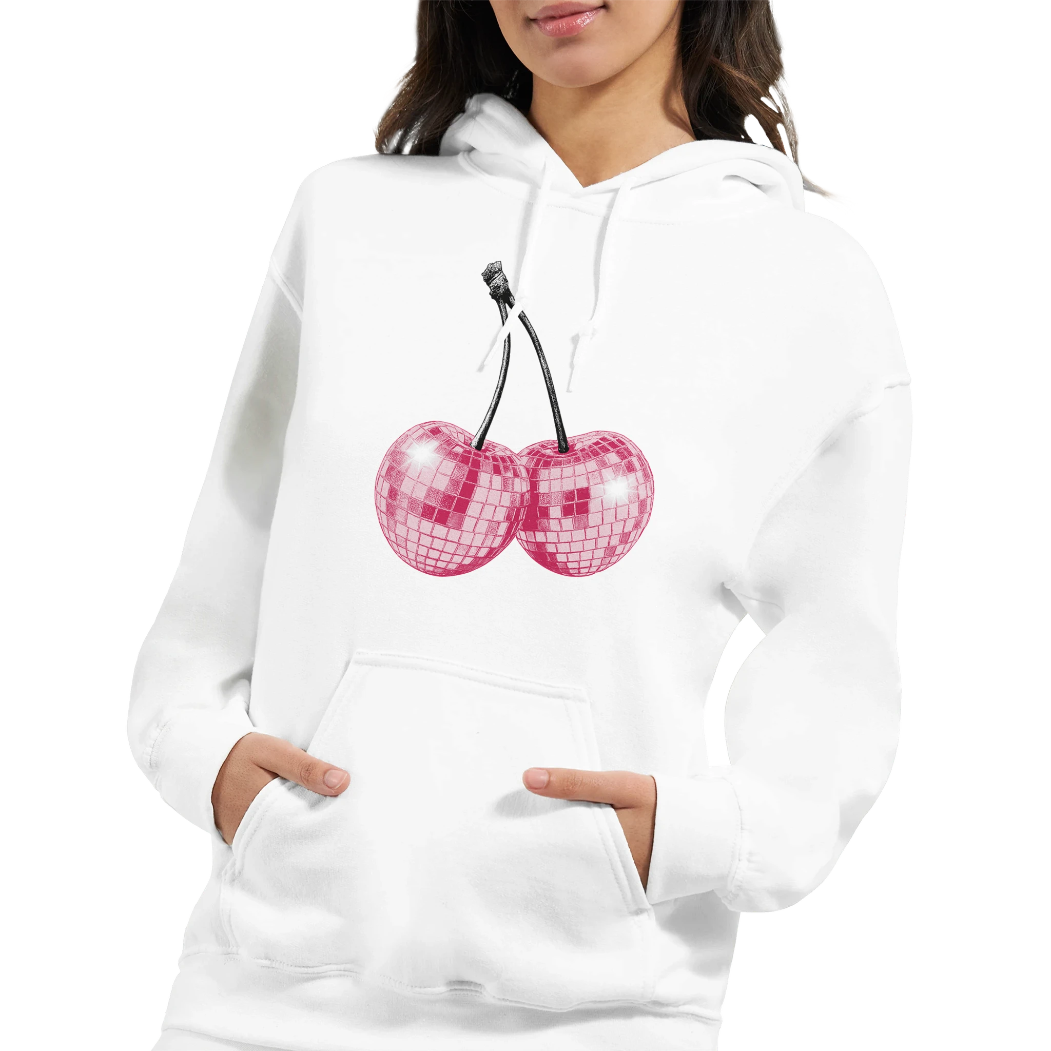 White cotton-blend women's hoodie with pink glitter ball cherries graphic and front pocket.