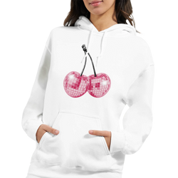 White cotton-blend women's hoodie with pink glitter ball cherries graphic and front pocket.