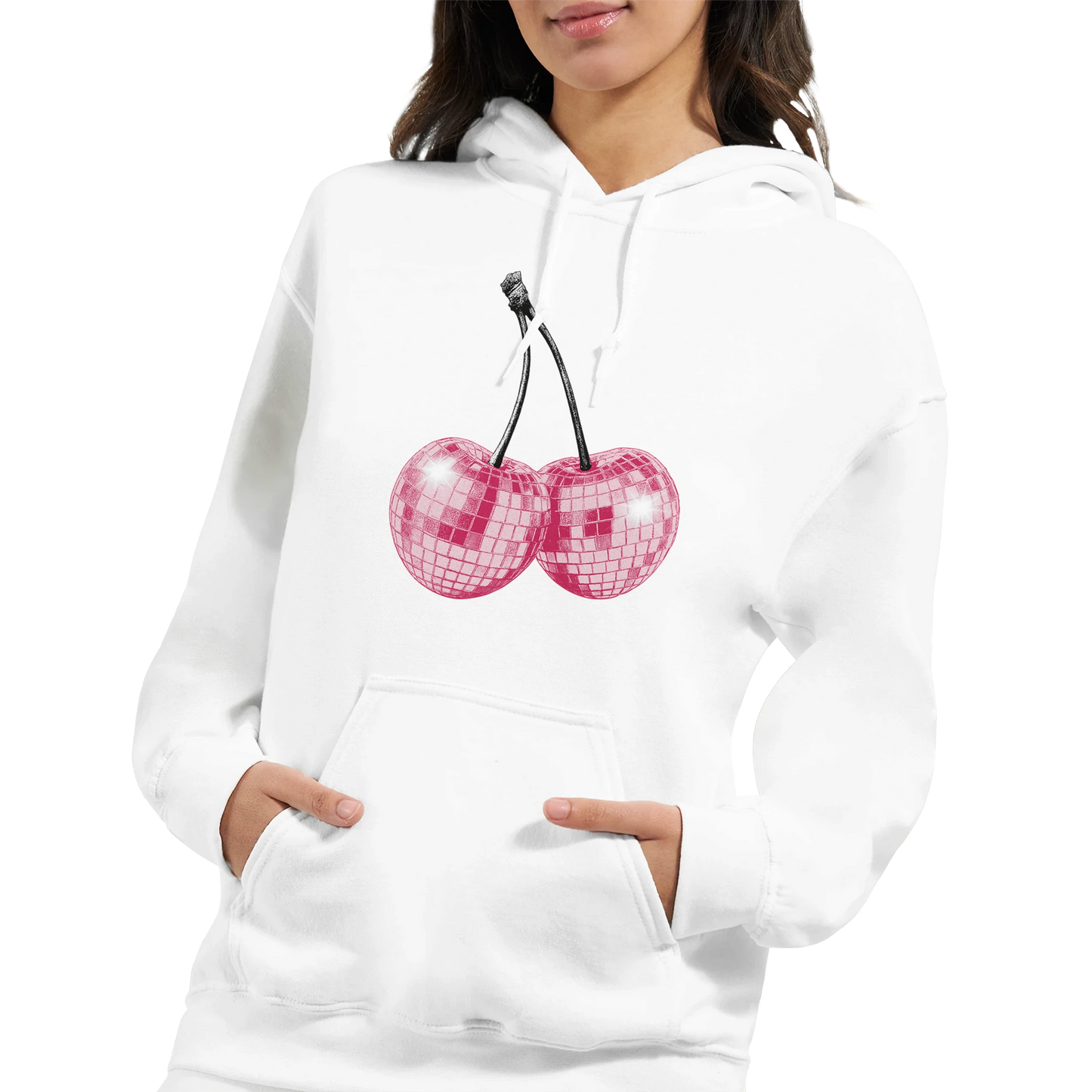 White cotton-blend women's hoodie with pink glitter ball cherries graphic and front pocket.