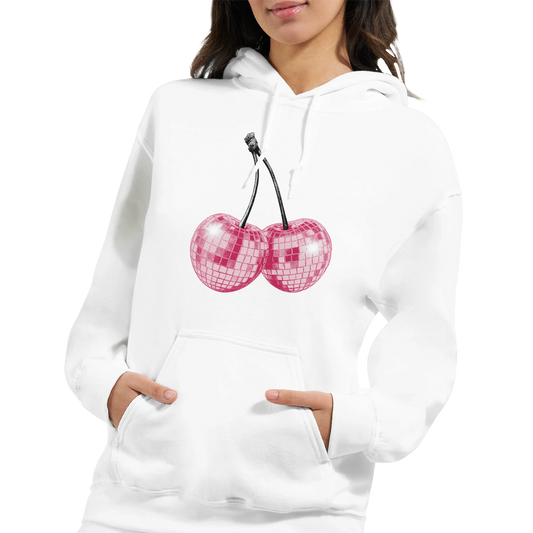 White cotton-blend women's hoodie with pink glitter ball cherries graphic and front pocket.