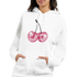White cotton-blend women's hoodie with pink glitter ball cherries graphic and front pocket.