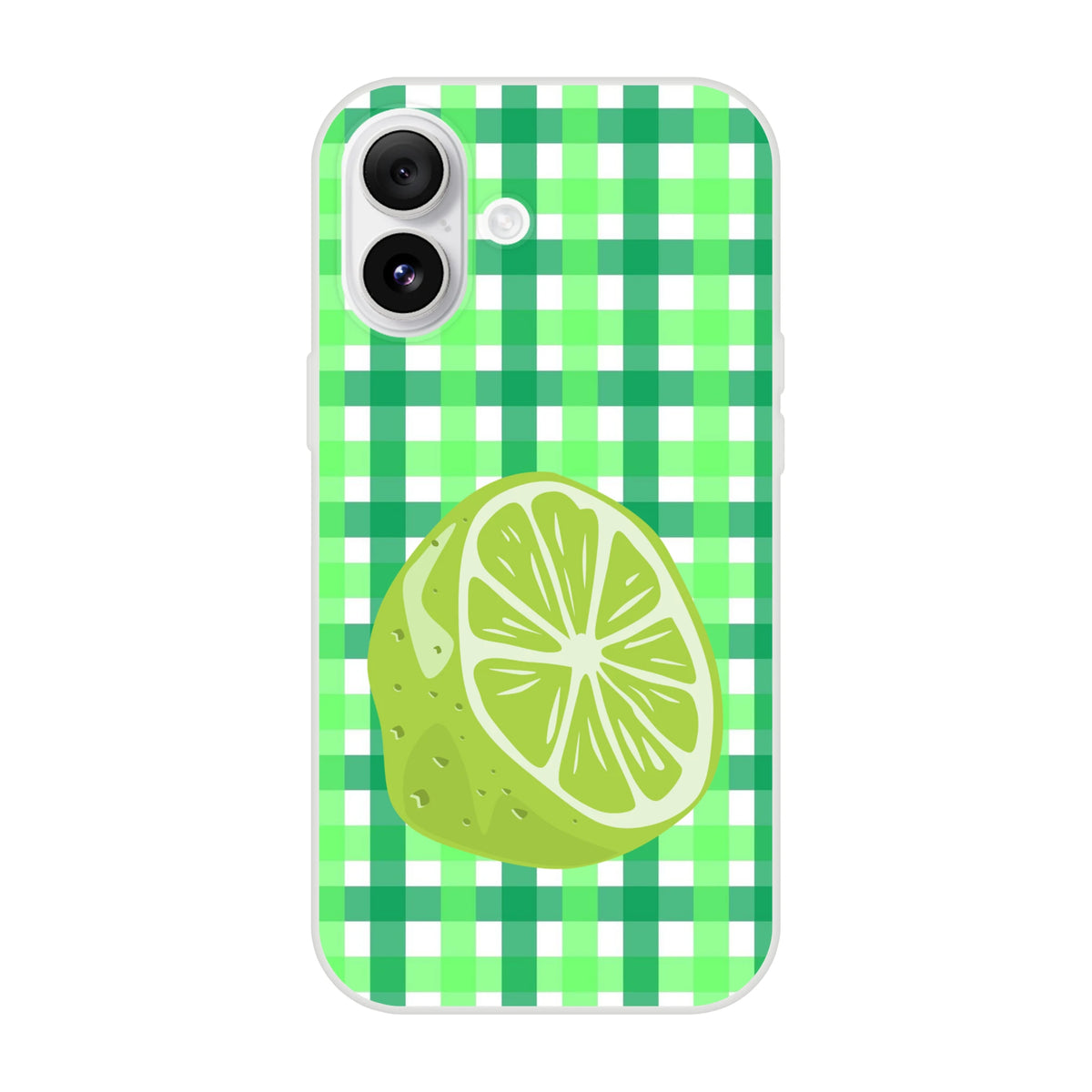 Cute lime gingham iPhone case with lime wedge graphic for iPhone 13-16, green aesthetic.