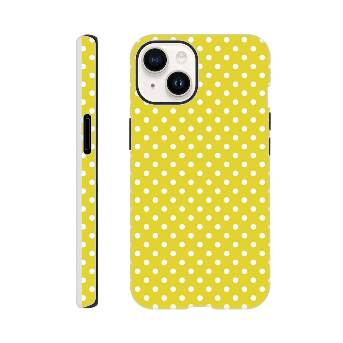 Yellow and white polka dot tough iPhone case for models 13-16. Vintage-style TPU cover with impact absorption and precise button alignment.