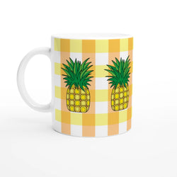 Cute pineapple gingham mug with yellow checks and pineapple prints, a summer aesthetic coffee cup.