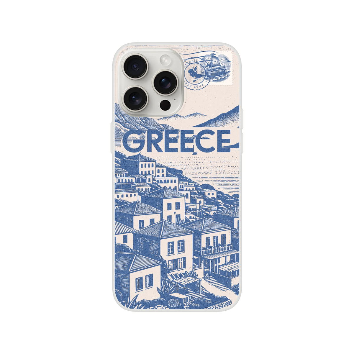 Vintage Greece postcard iPhone case for 13–16, blue stamp art and seaside town illustration, slim Flexi shell
