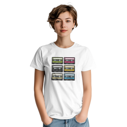 White women's t-shirt featuring a grid of six colorful retro cassette tapes, capturing 80s music nostalgia and vintage audio aesthetic style.
