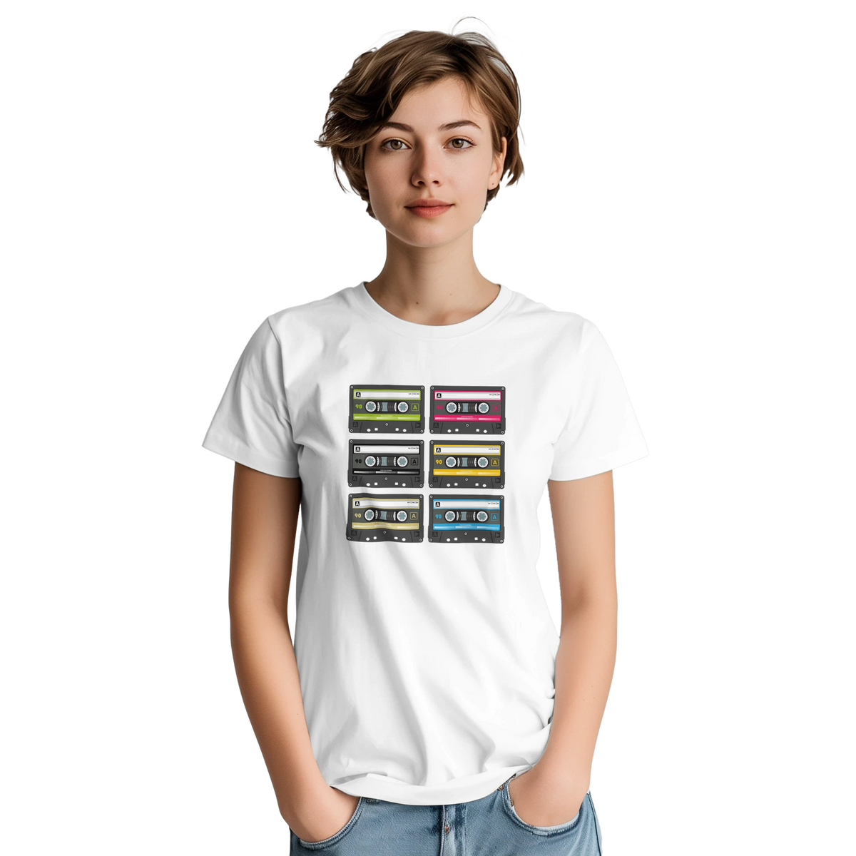 White women's t-shirt featuring a grid of six colorful retro cassette tapes, capturing 80s music nostalgia and vintage audio aesthetic style.