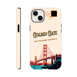 Vintage postcard style iPhone case featuring Golden Gate Bridge illustration, travel stamps, and retro typography for San Francisco.