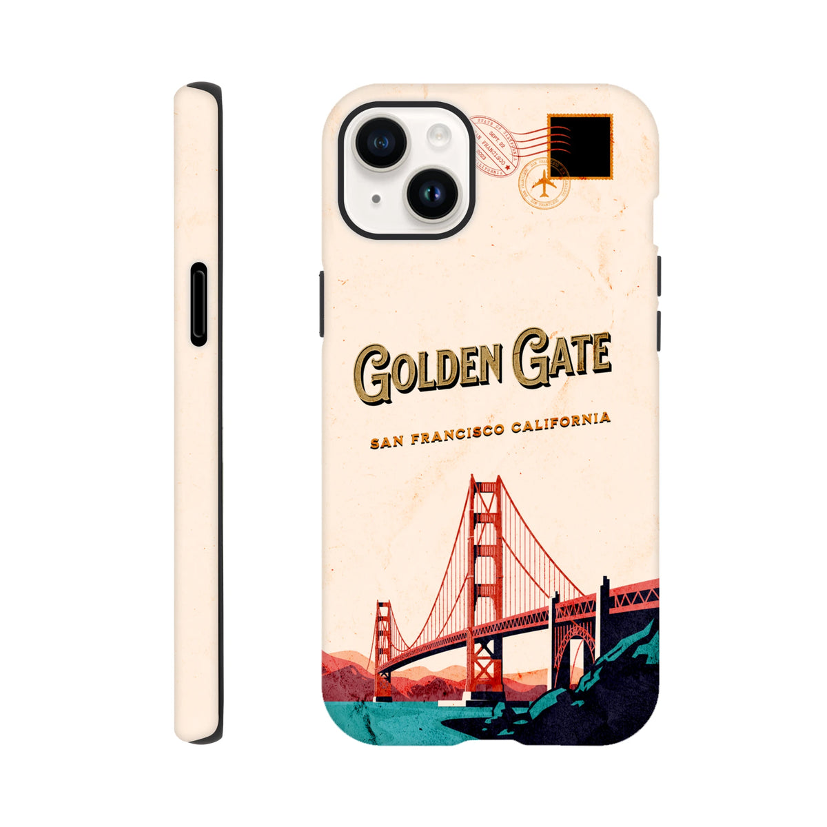 Vintage postcard style iPhone case featuring Golden Gate Bridge illustration, travel stamps, and retro typography for San Francisco.