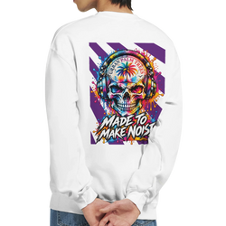 White sweatshirt back print featuring a colorful skull with headphones, palm tree, and "Made To Make Noise" text.