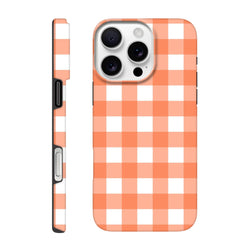 Orange gingham tough iPhone case featuring retro checkered pattern and shock-absorbing design for models 13-16.