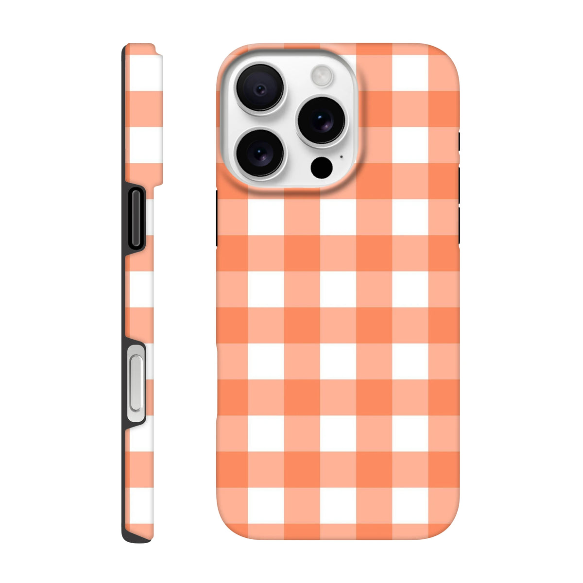 Orange gingham tough iPhone case featuring retro checkered pattern and shock-absorbing design for models 13-16.