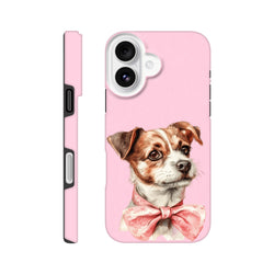 Pink iPhone case featuring a cute puppy illustration wearing a floral bow tie. Shock-absorbent flex cover protects against city drops and scuffs.
