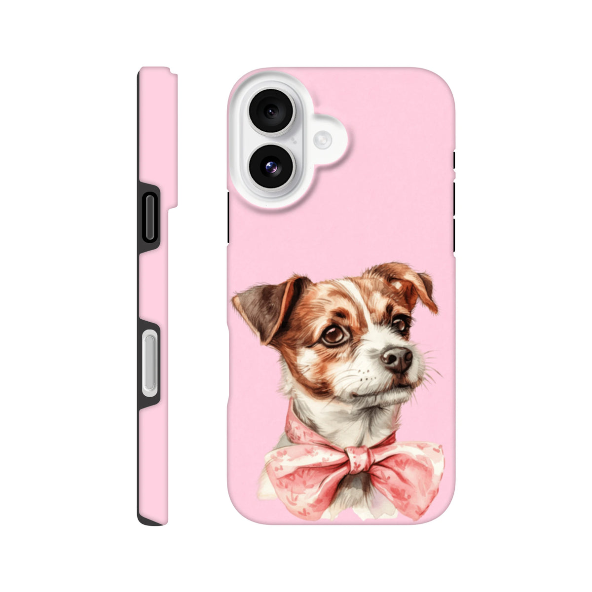 Pink iPhone case featuring a cute puppy illustration wearing a floral bow tie. Shock-absorbent flex cover protects against city drops and scuffs.