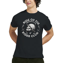 Male model wearing black graphic T-shirt with skull and swords, Ride or Die Rider Club text.