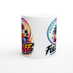 White coffee mug featuring colorful Low Life Petrolhead graphics with palm trees, synthwave sunset, and "Palm Trees" text for car enthusiasts.