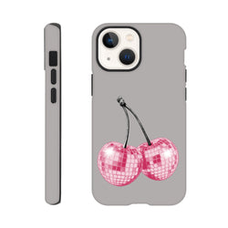 Grey iPhone case featuring pink glitter disco ball cherries. Tough fruit phone cover for iPhone 13-16 models. Cute fruit design.