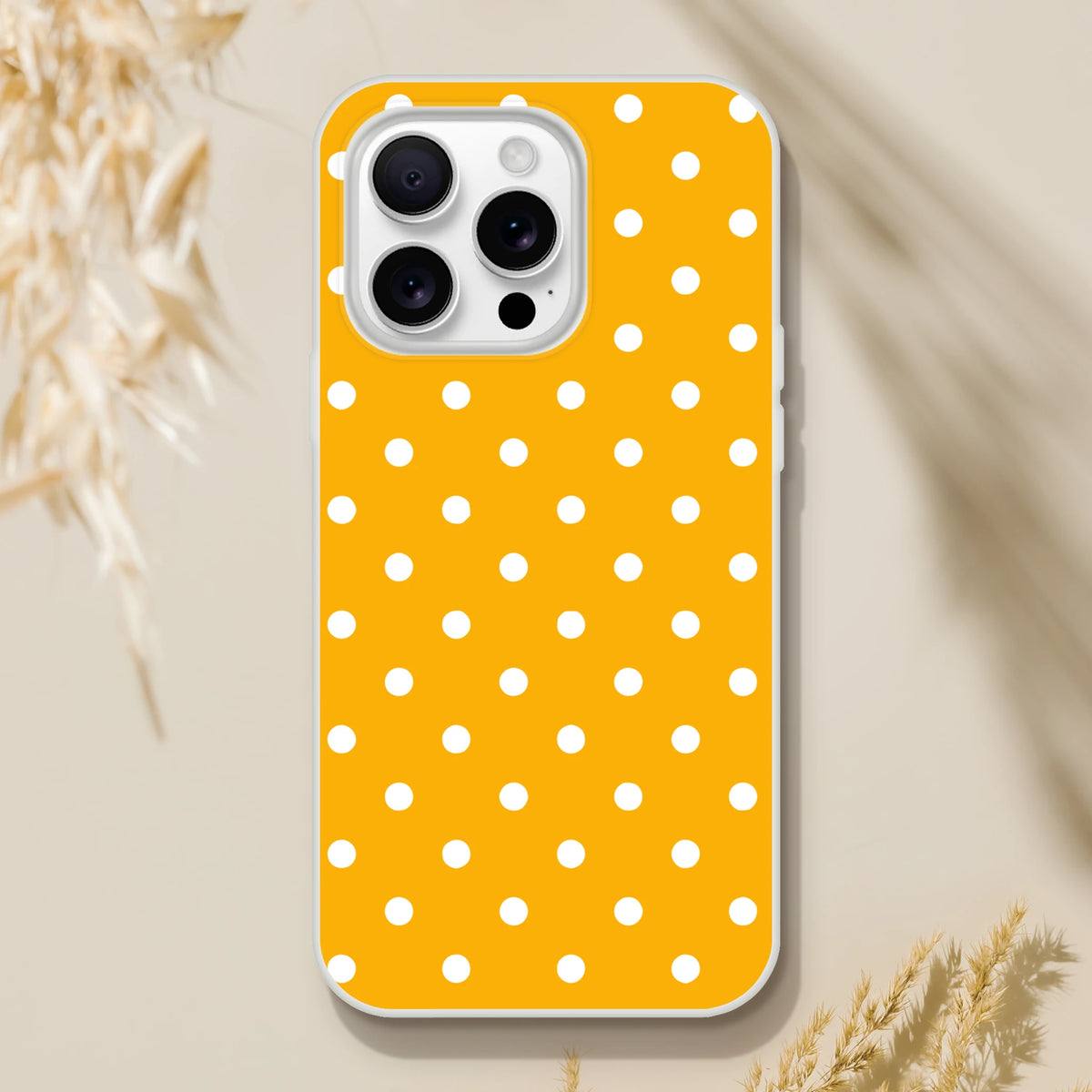 Retro orange and white polka dot iPhone case with matte finish and TPU protection for iPhone 13-16 models.