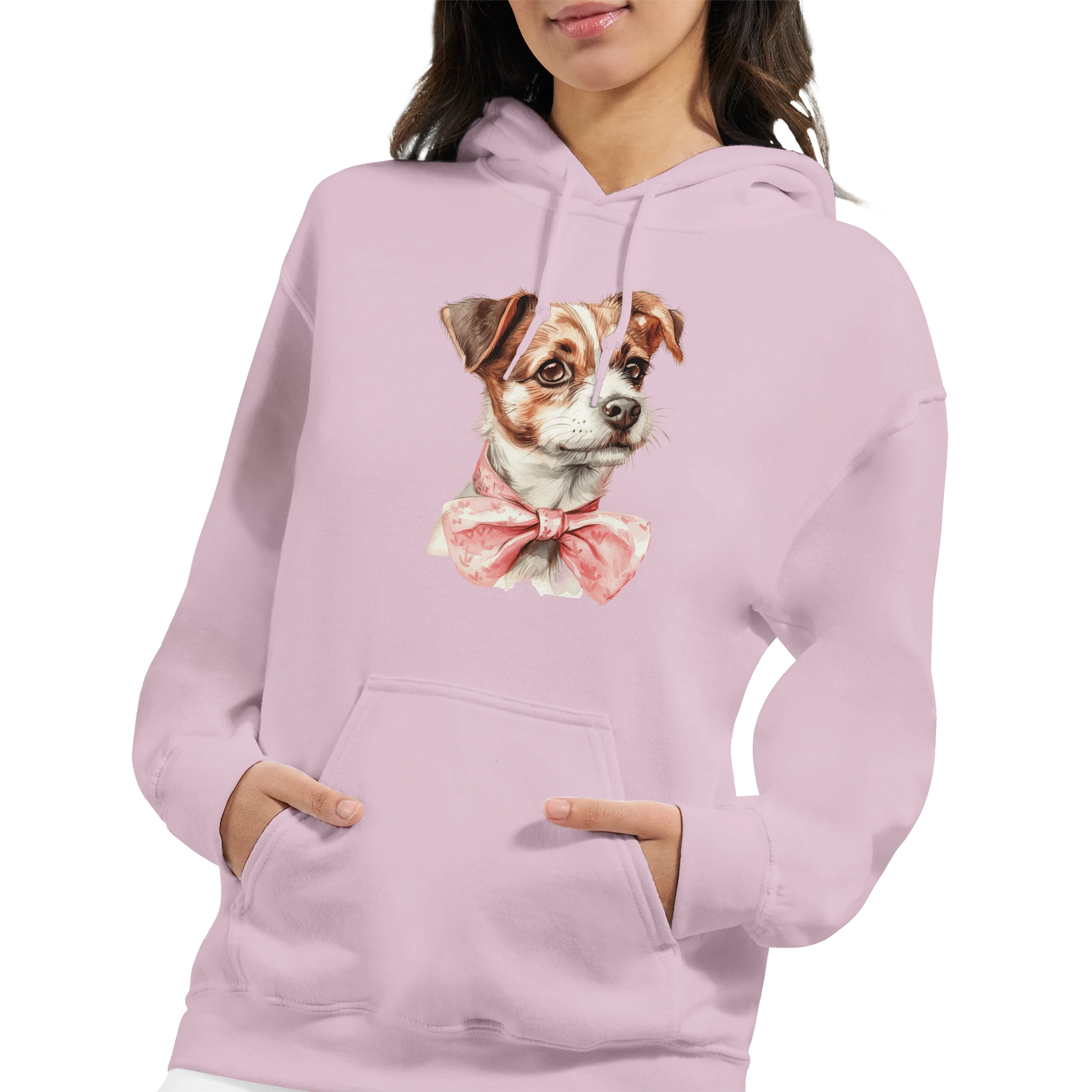 Pastel pink women's hoodie with a cute dog graphic wearing a pink bow and front pocket.