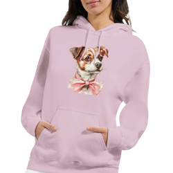 Pastel pink women's hoodie with a cute dog graphic wearing a pink bow and front pocket.