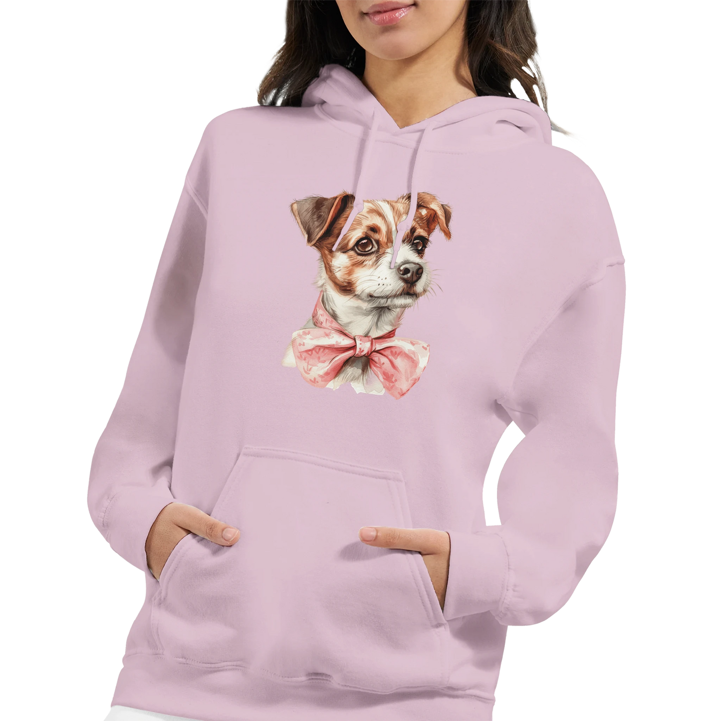 Pastel pink women's hoodie with a cute dog graphic wearing a pink bow and front pocket.
