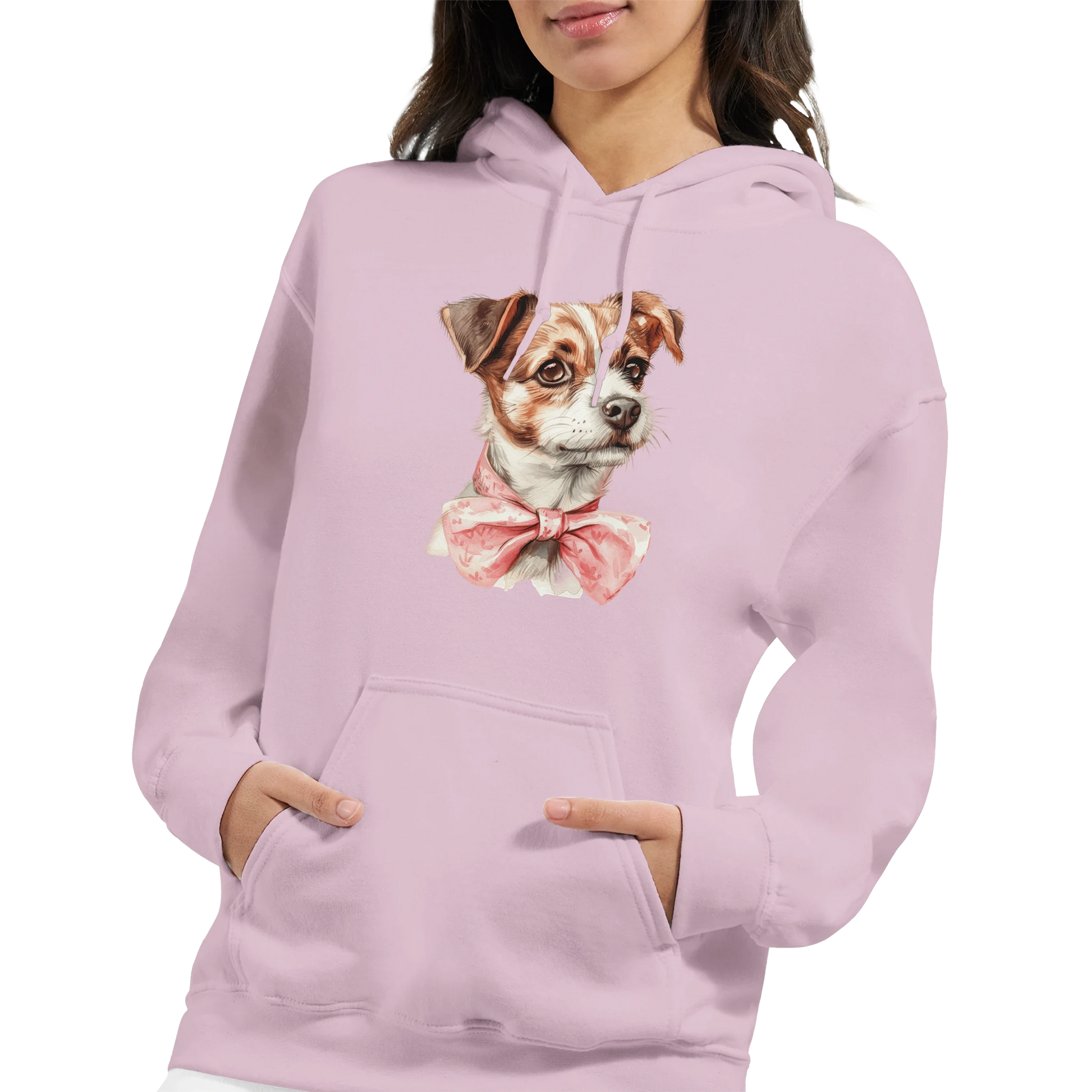 Pastel pink women's hoodie with a cute dog graphic wearing a pink bow and front pocket.
