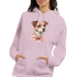 Pastel pink women's hoodie with a cute dog graphic wearing a pink bow and front pocket.