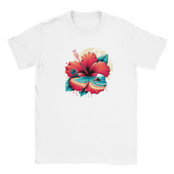 White women's T-shirt with a bold hibiscus tropical print in retro summer style.