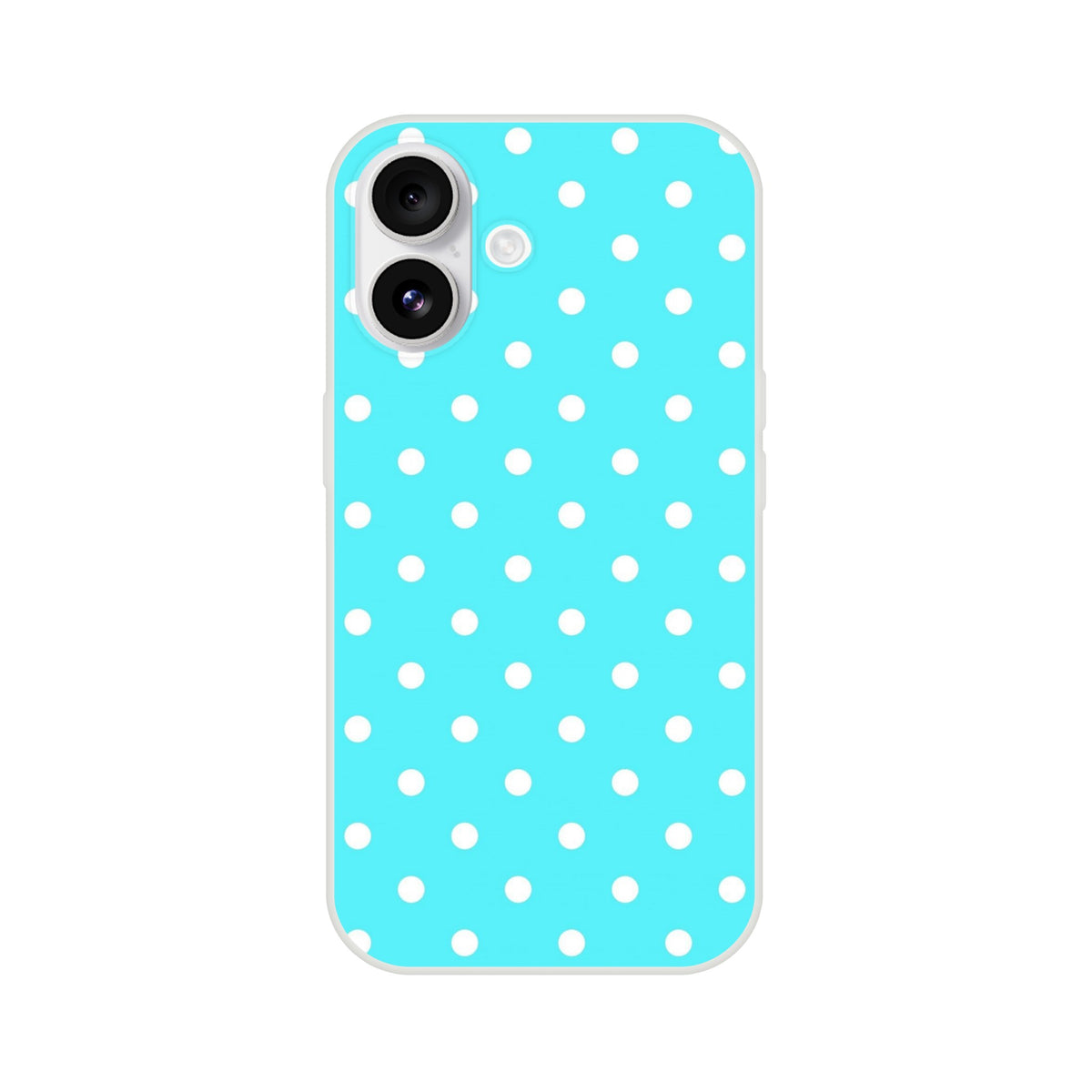 Retro aqua blue and white polka dot iPhone case featuring a slim matte finish and shock-absorbing TPU cushion for daily protection.