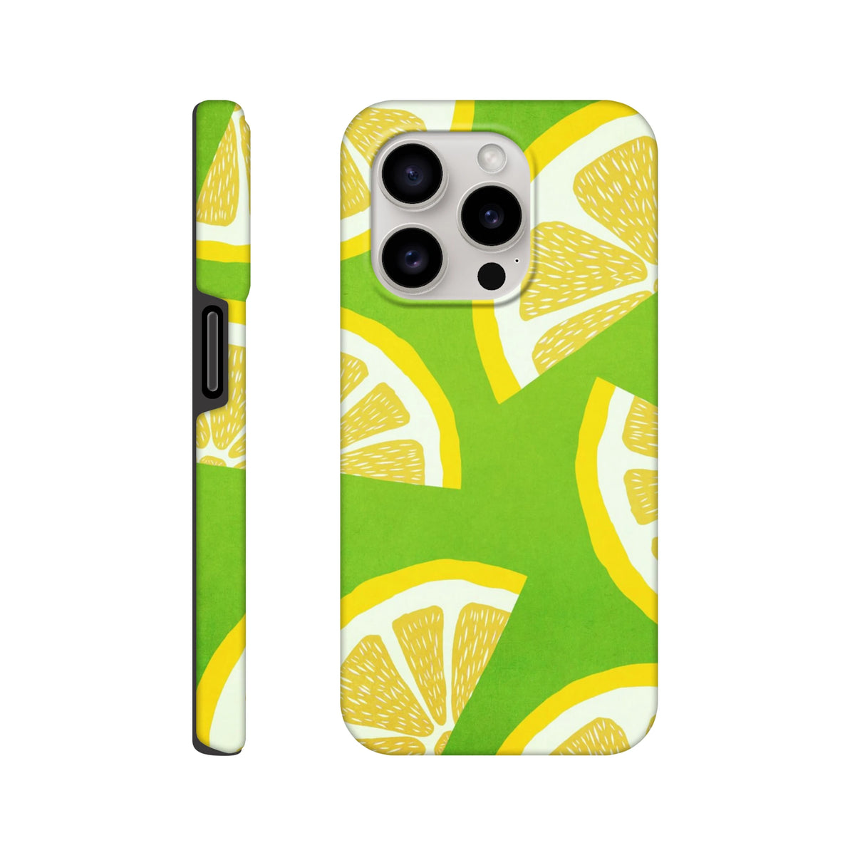 Green iPhone case featuring a bold yellow lemon slice pattern. Shock-absorbing citrus fruit phone cover for street style and curb drop protection.