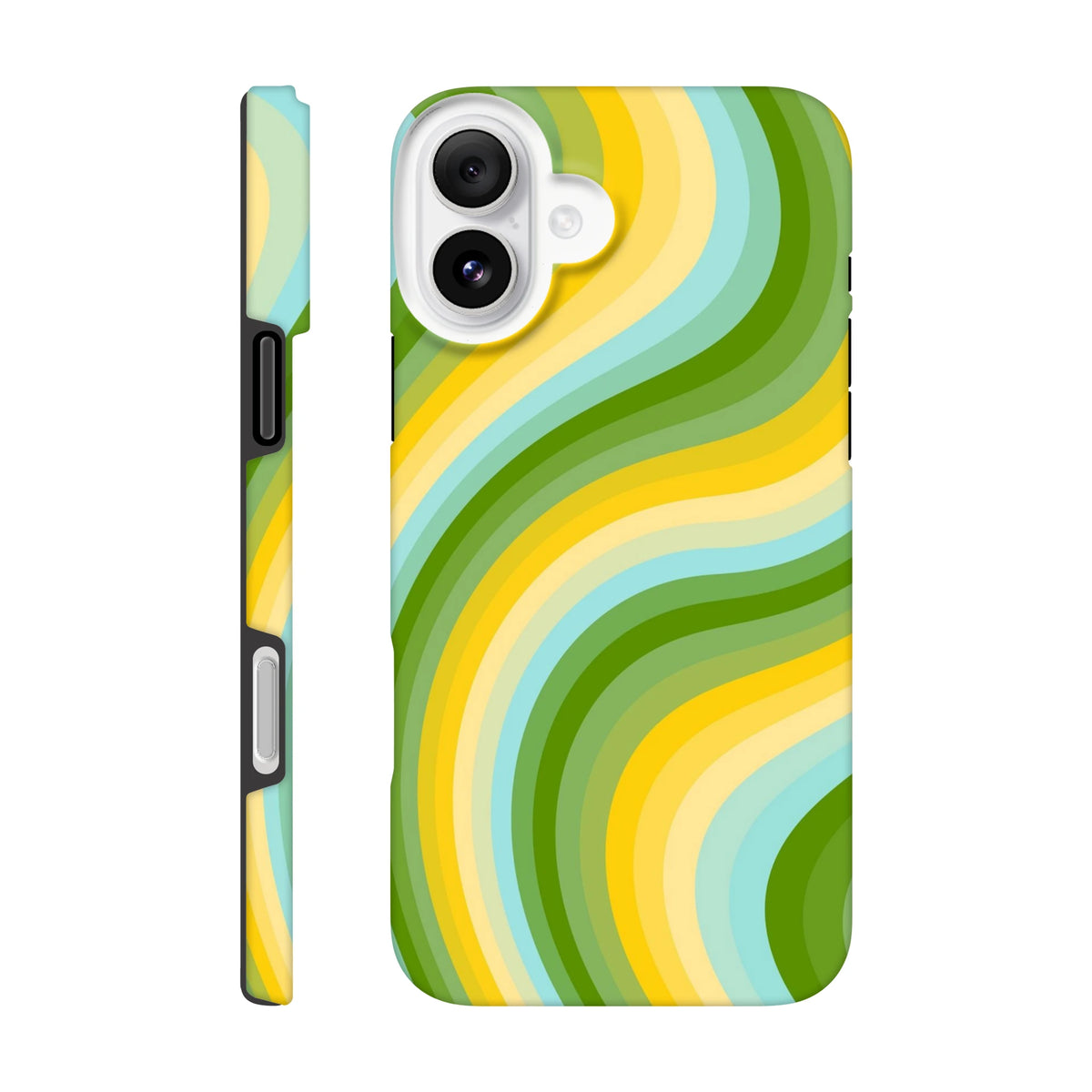 Green and yellow retro wave iPhone case featuring bold Y2K stripes and a tough, wraparound graphic design.