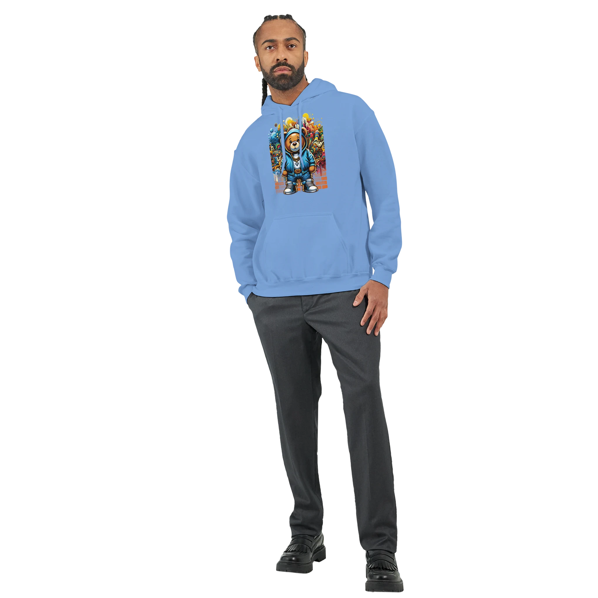 Man wearing men's light blue Urban Teddy Bear Hoodie with bold graphic, 50/50 cotton blend, sizes S-XL.