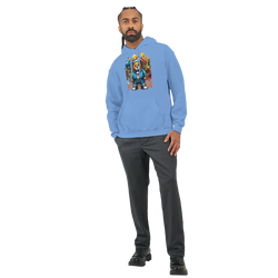 Man wearing men's light blue Urban Teddy Bear Hoodie with bold graphic, 50/50 cotton blend, sizes S-XL.