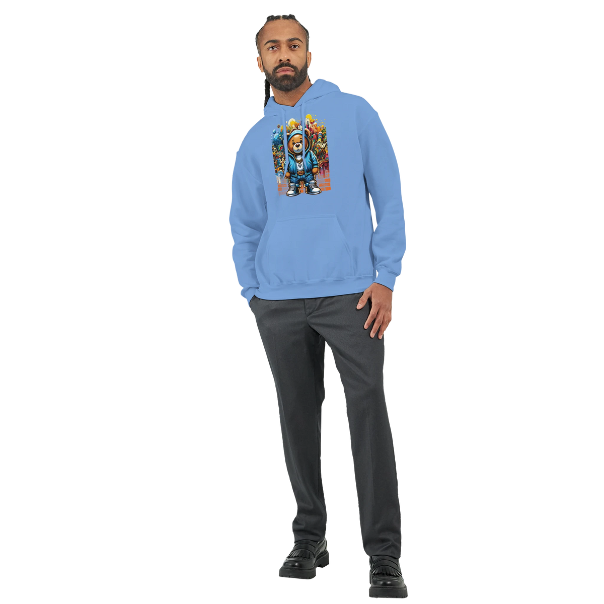 Man wearing men's light blue Urban Teddy Bear Hoodie with bold graphic, 50/50 cotton blend, sizes S-XL.