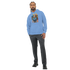 Man wearing men's light blue Urban Teddy Bear Hoodie with bold graphic, 50/50 cotton blend, sizes S-XL.