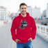 Man in red hoodie featuring gangster dog graphic wearing sunglasses and a chain.