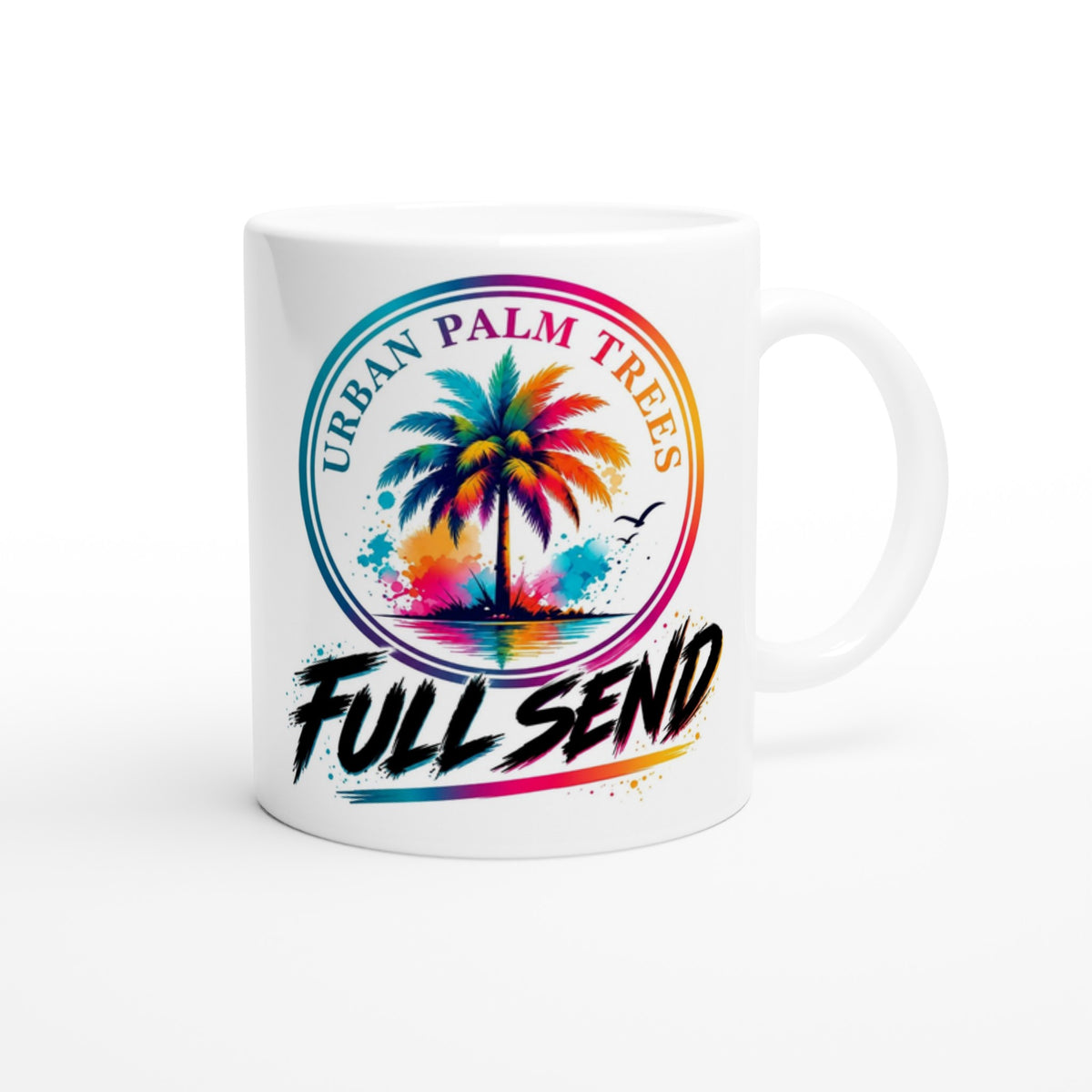 White coffee mug featuring a colorful rainbow palm tree graphic and "Urban Palm Trees Full Send" text.