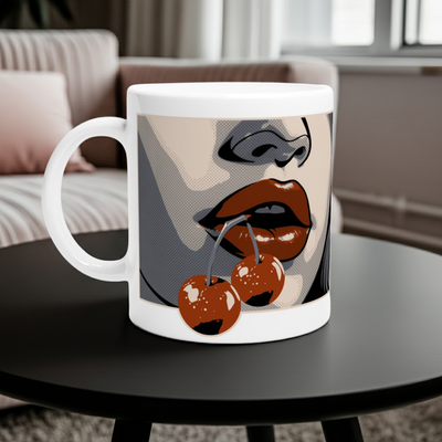 Mug with a design of lips and cherries on a table in a living room setting