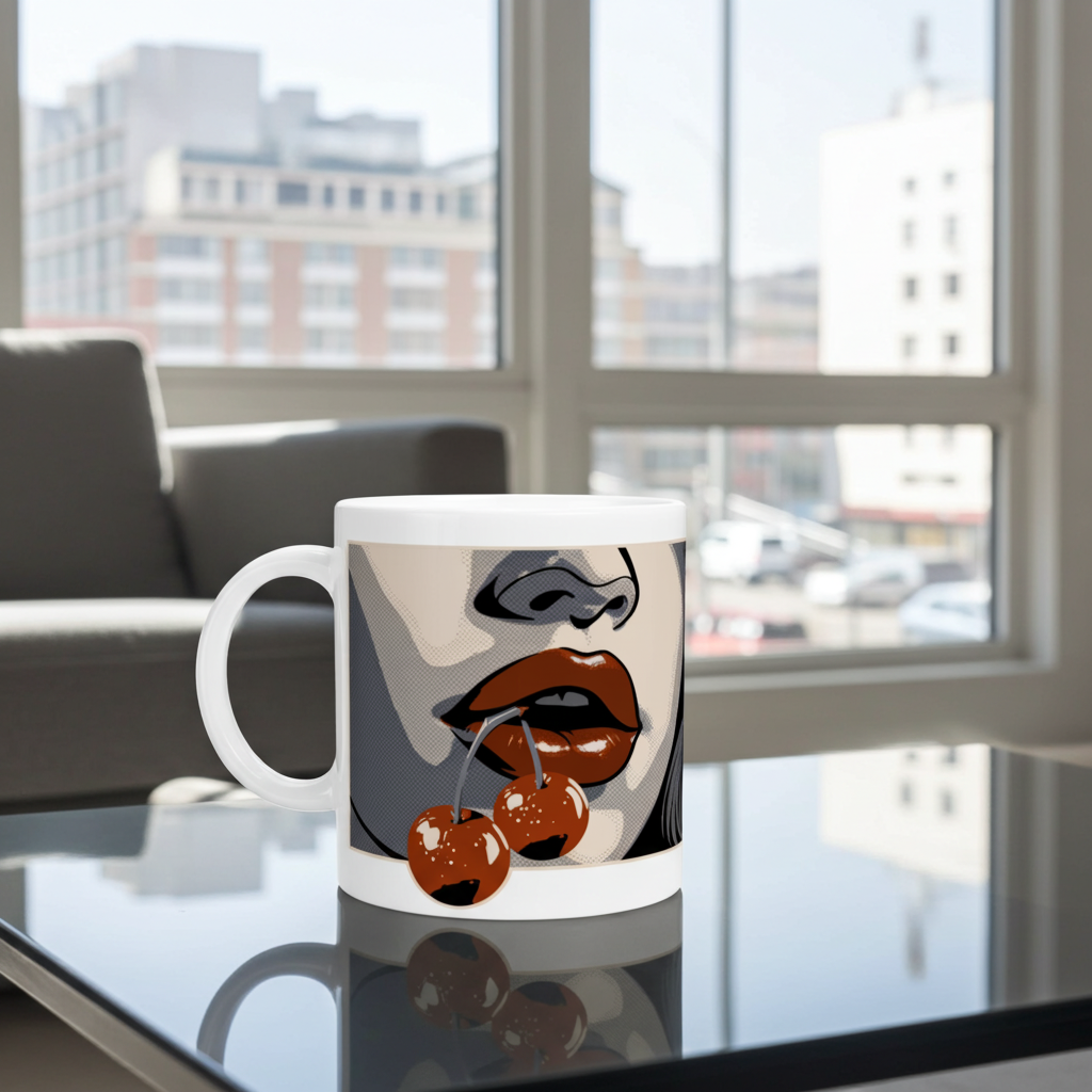 Mug with a lip and cherry design on a glass table with a cityscape in the background