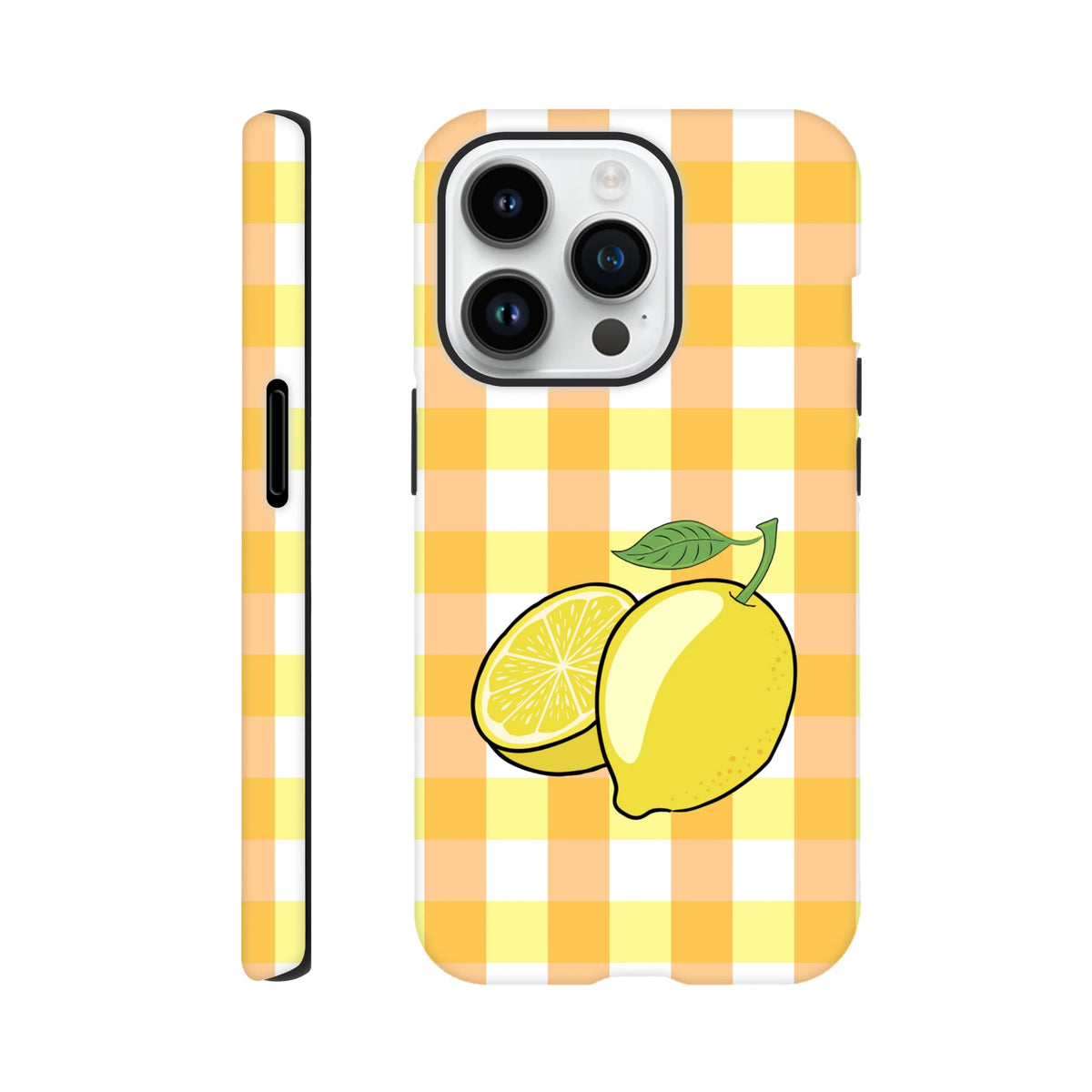Yellow gingham iPhone case featuring a whole and sliced lemon illustration with drop protection for campus and daily use.