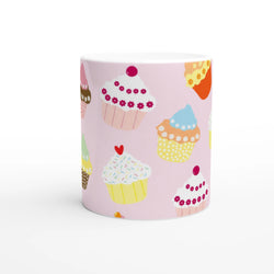 Pastel cupcake mug with kawaii frosting cupcakes design on pink ceramic cup.