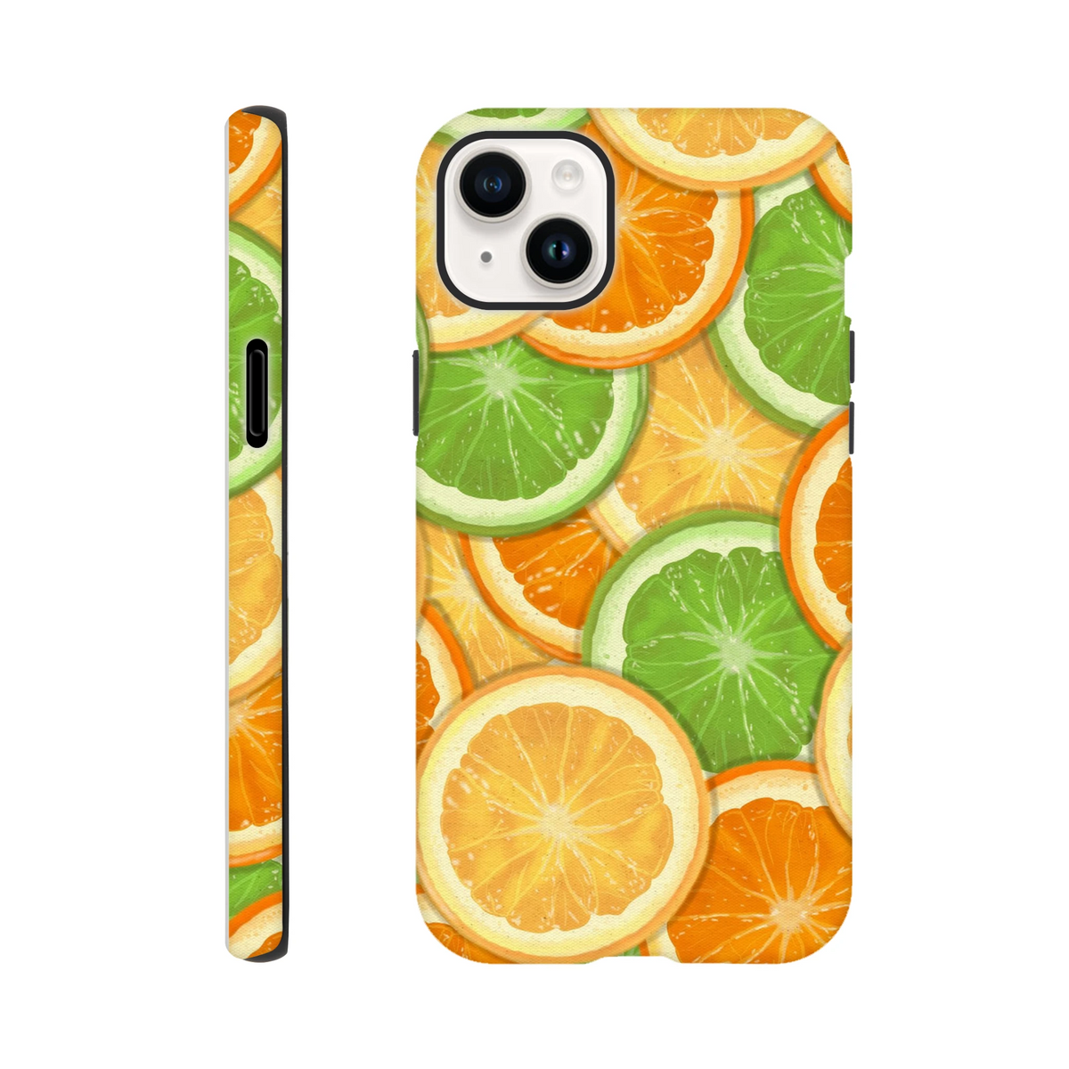 Vibrant orange and lime slice pattern printed on a tough, shock-absorbing iPhone case compatible with models 13 through 16.