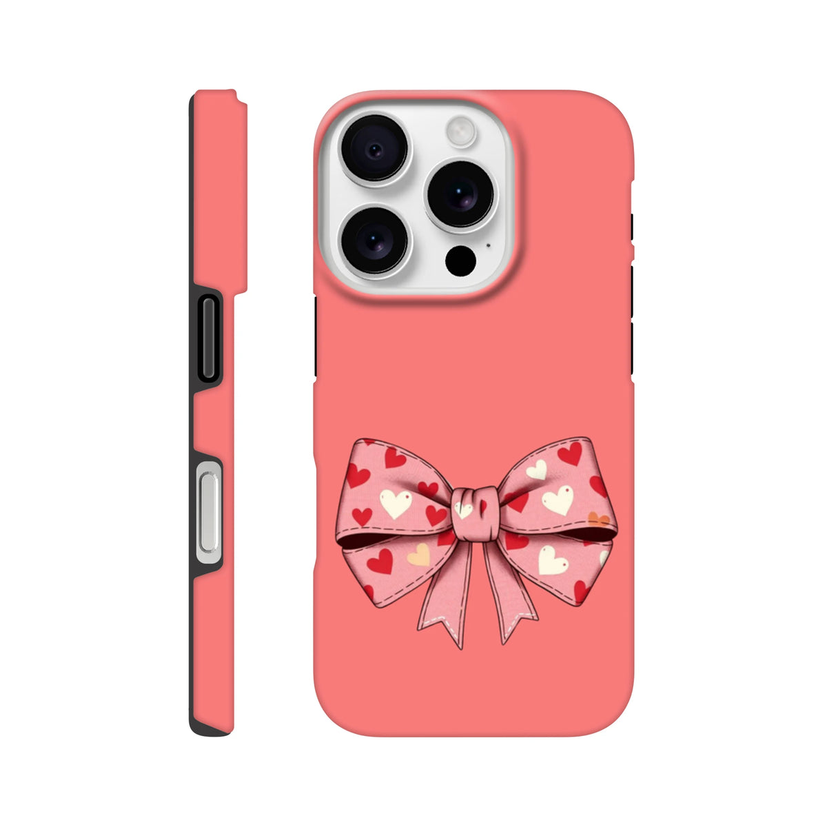 Pink tough iPhone case with a coquette heart bow design, featuring protective styling for street-smart creators.